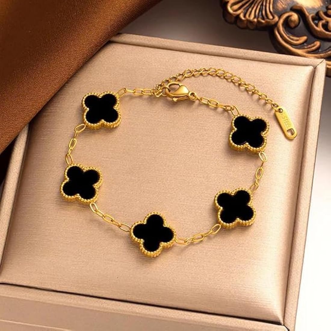 Anti tarnish black clover bracelet