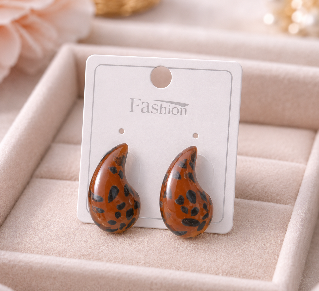 Korean Brown Teardrop Glossy Earrings – Trendy Statement Stud Earrings for Women