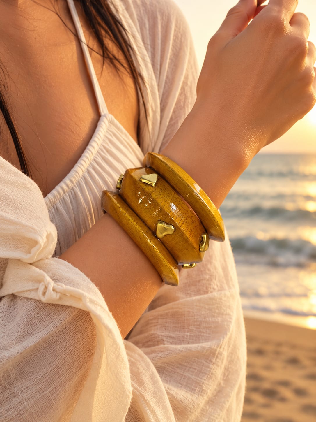 Set of 3 pcs Wooden Brass Fusion Bangle Set