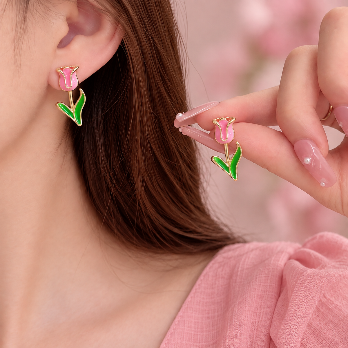 floral design enamel pink and green tulip stud earring