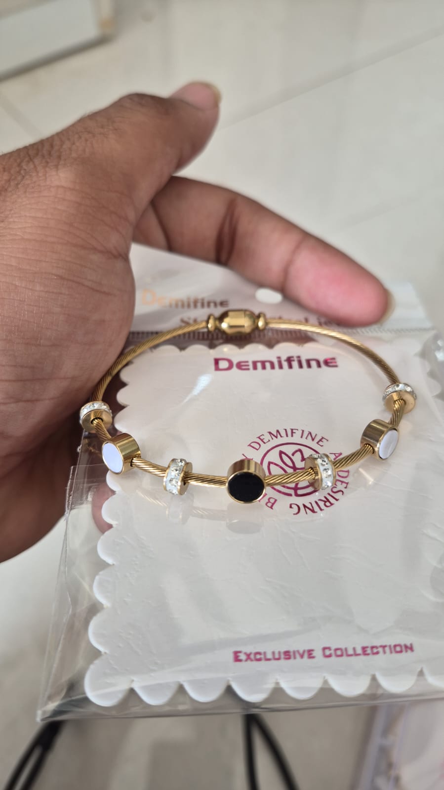 Demifine black and white circular charms and crystal bracelet regular size
