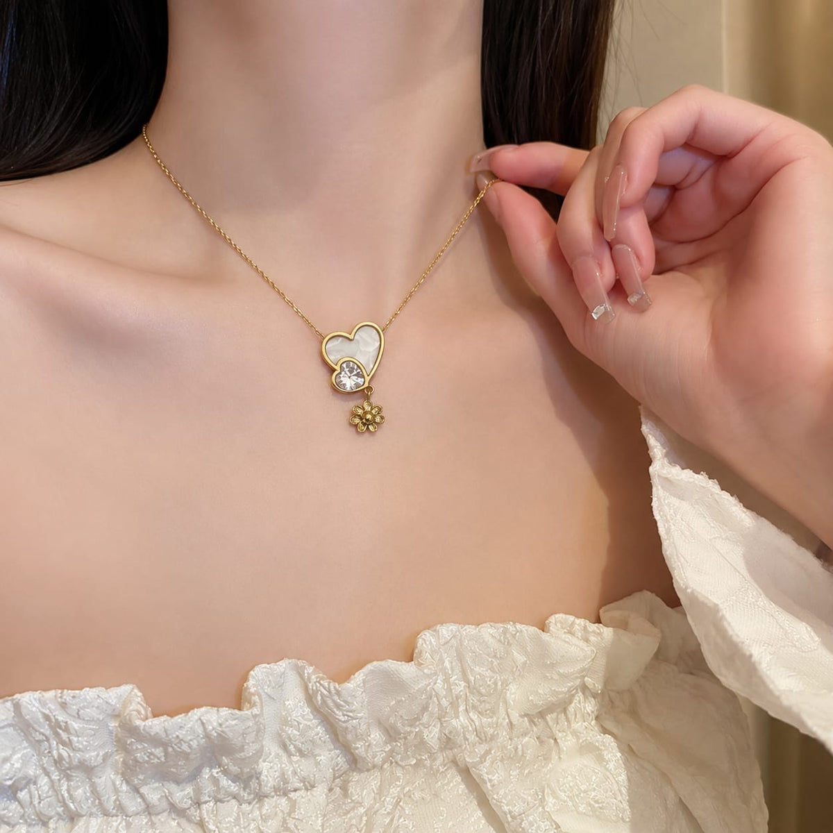 Mother of Pearl Heart & Floral Charm Necklace