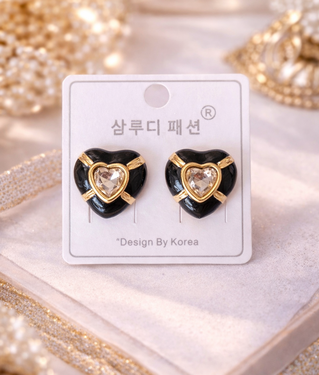 vintage gold rhinestone enamel heart designer earrings