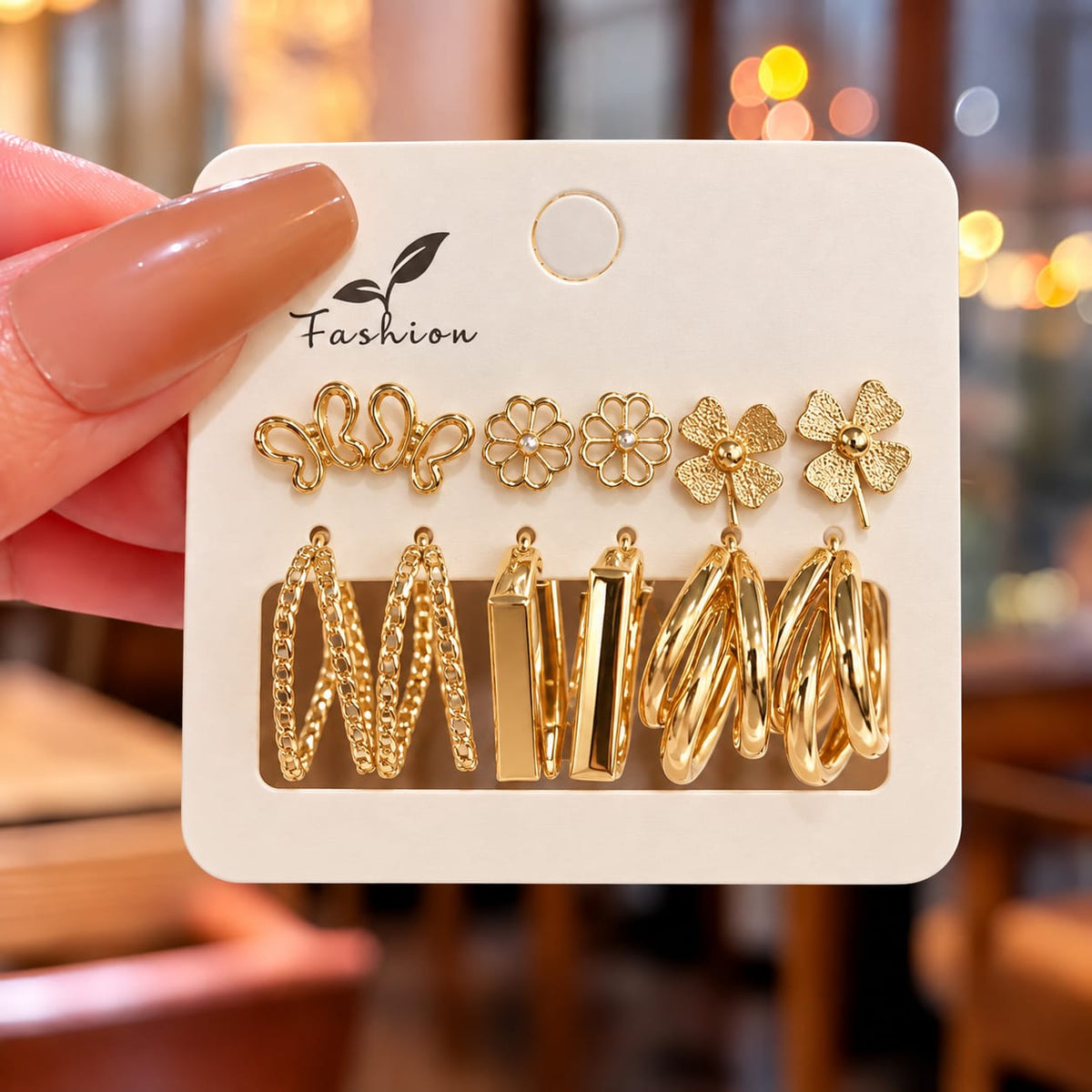 Set of 6 Floral & Golden Hoop Combo Earrings
