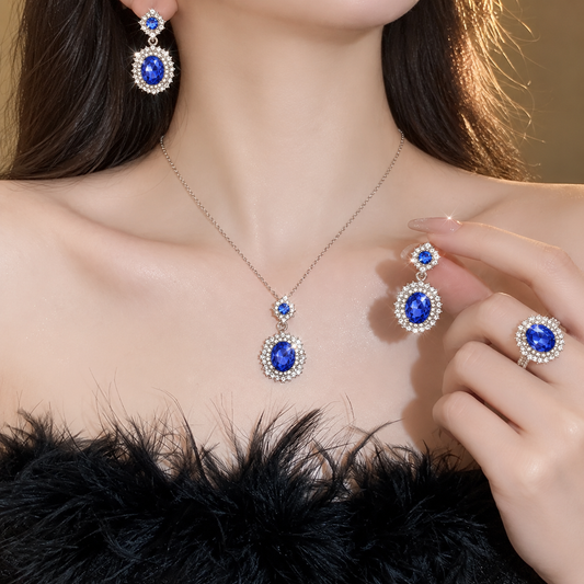 silver-plated oval blue cubic zirconia stone combo set