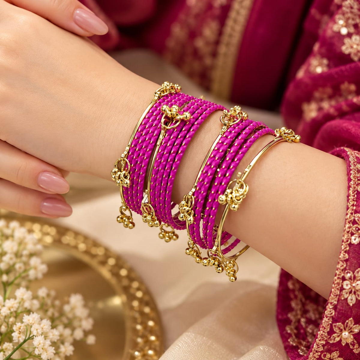 Set of 16 pcs dark pink colour matte finishing with Kashmiri bangles