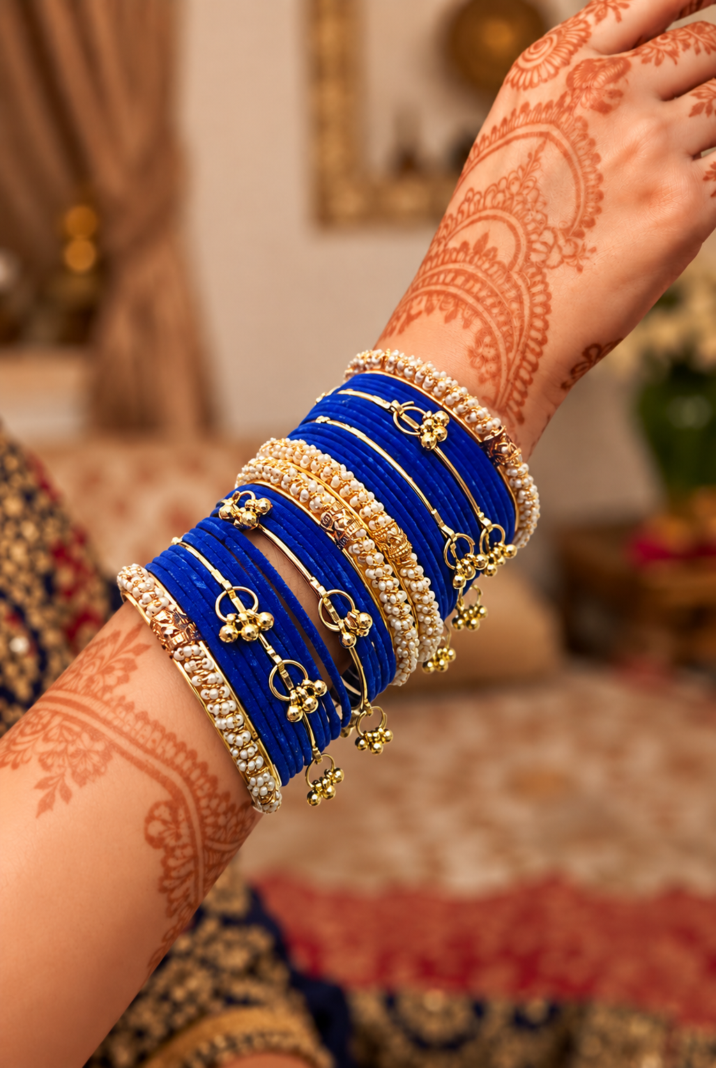 Kashmiri Blue & Gold Pearl Bangle Set