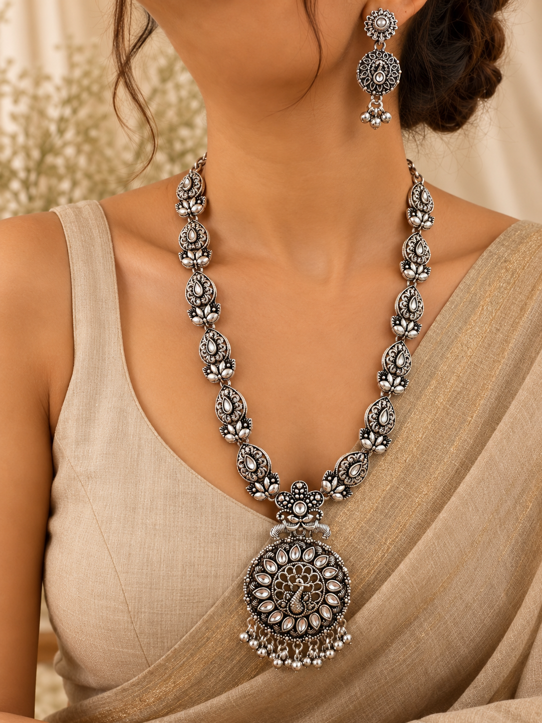 oxidized silver-plated long necklace and matching earring set