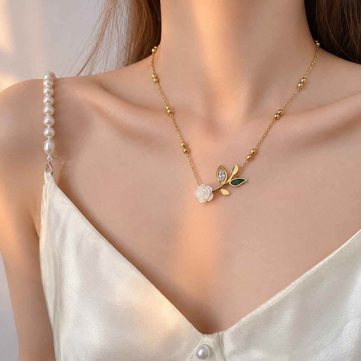 Anti-Tarnish White Rose & Leaf Necklace