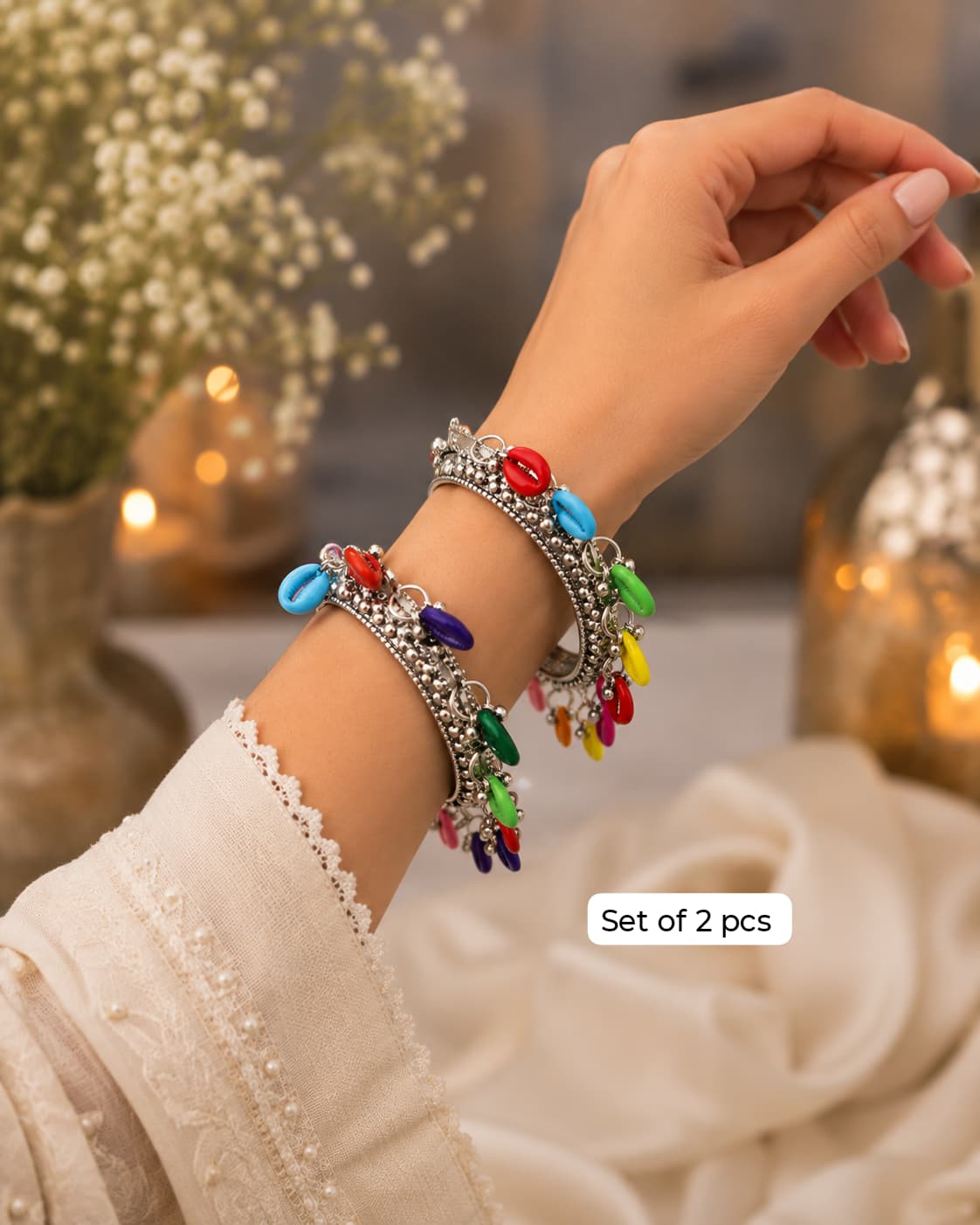 Multicolour Shell Charm Bangles – Set of 2