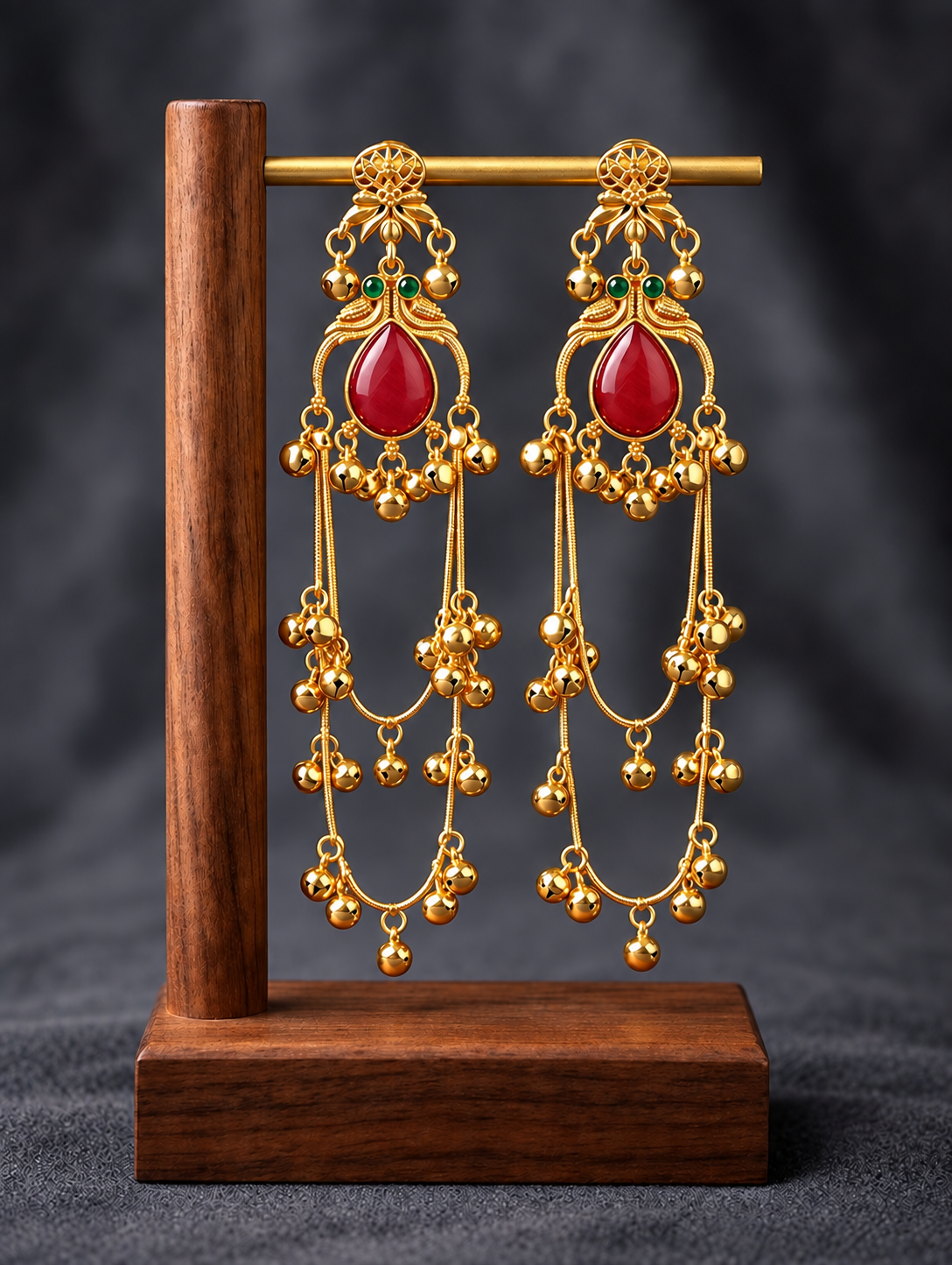 Kashmiri chandelier earring teardrop red stone and layered chain drop