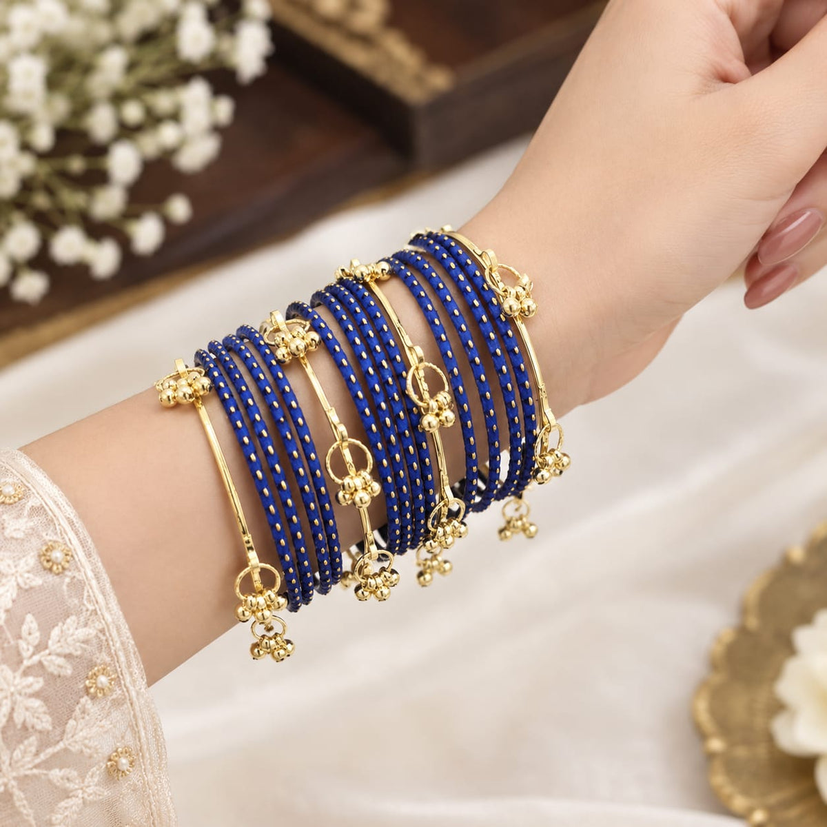 Set of 16 pcs navy blue matte finishing with Kashmiri bangles