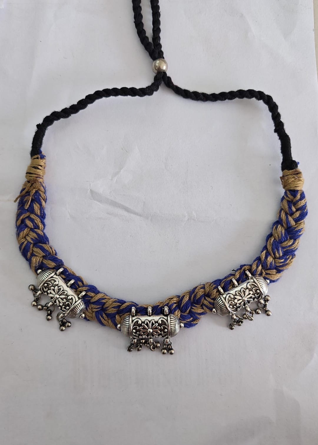 thread choker necklace oxidized silver-tone cylindrical pendant