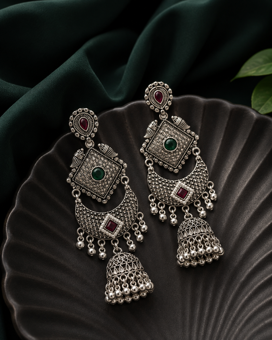 Traditional silver-oxidized brass teardrop jhumka earring