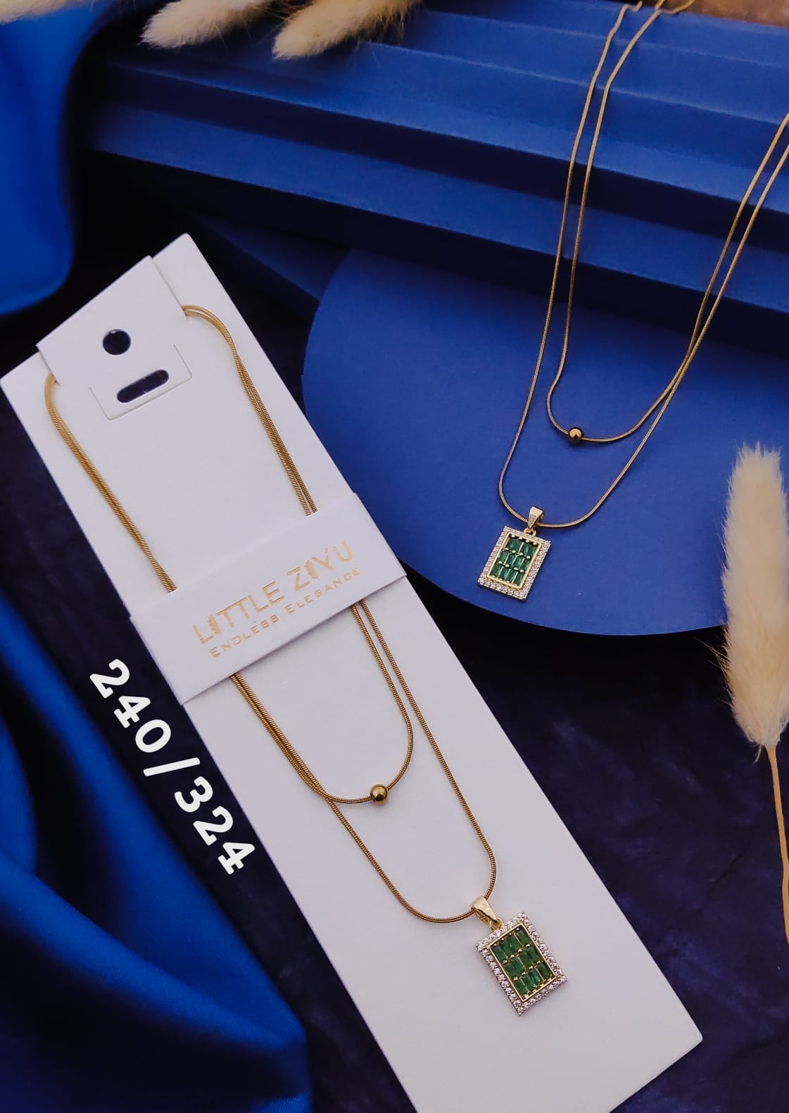 Emerald & Crystal Square Dual Chain Gold Necklace anti tarnished