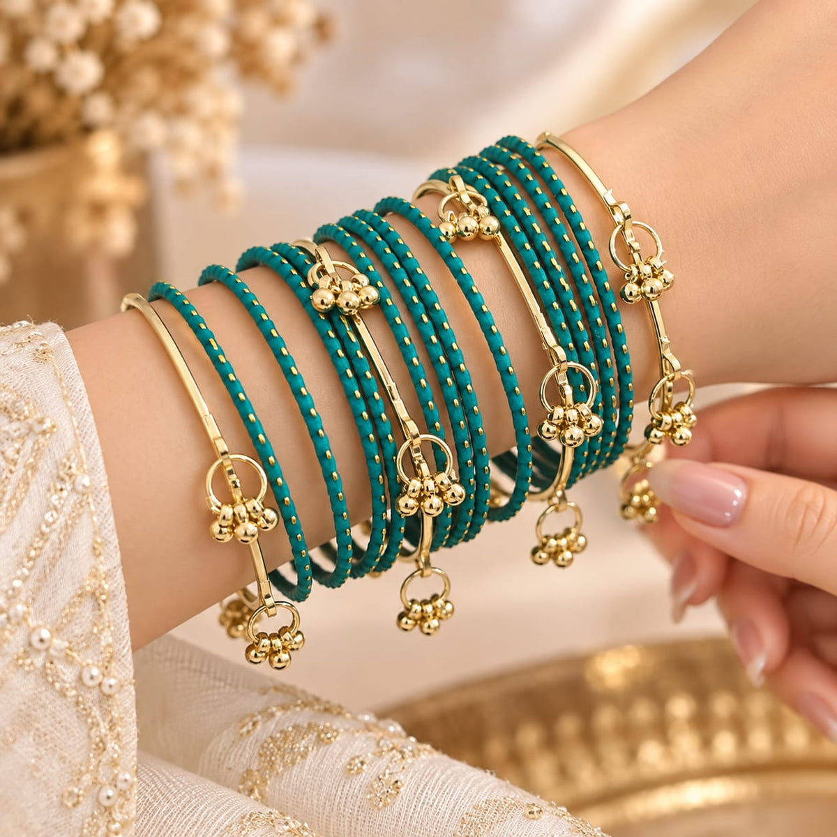 Set of 16 pcs teal green colour matte finishing with Kashmiri bangles