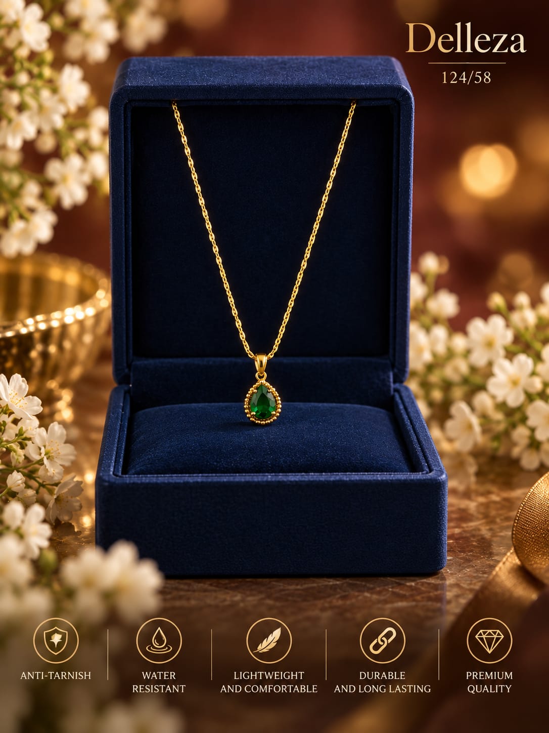 Stainless steel pear-cut green crystal necklace