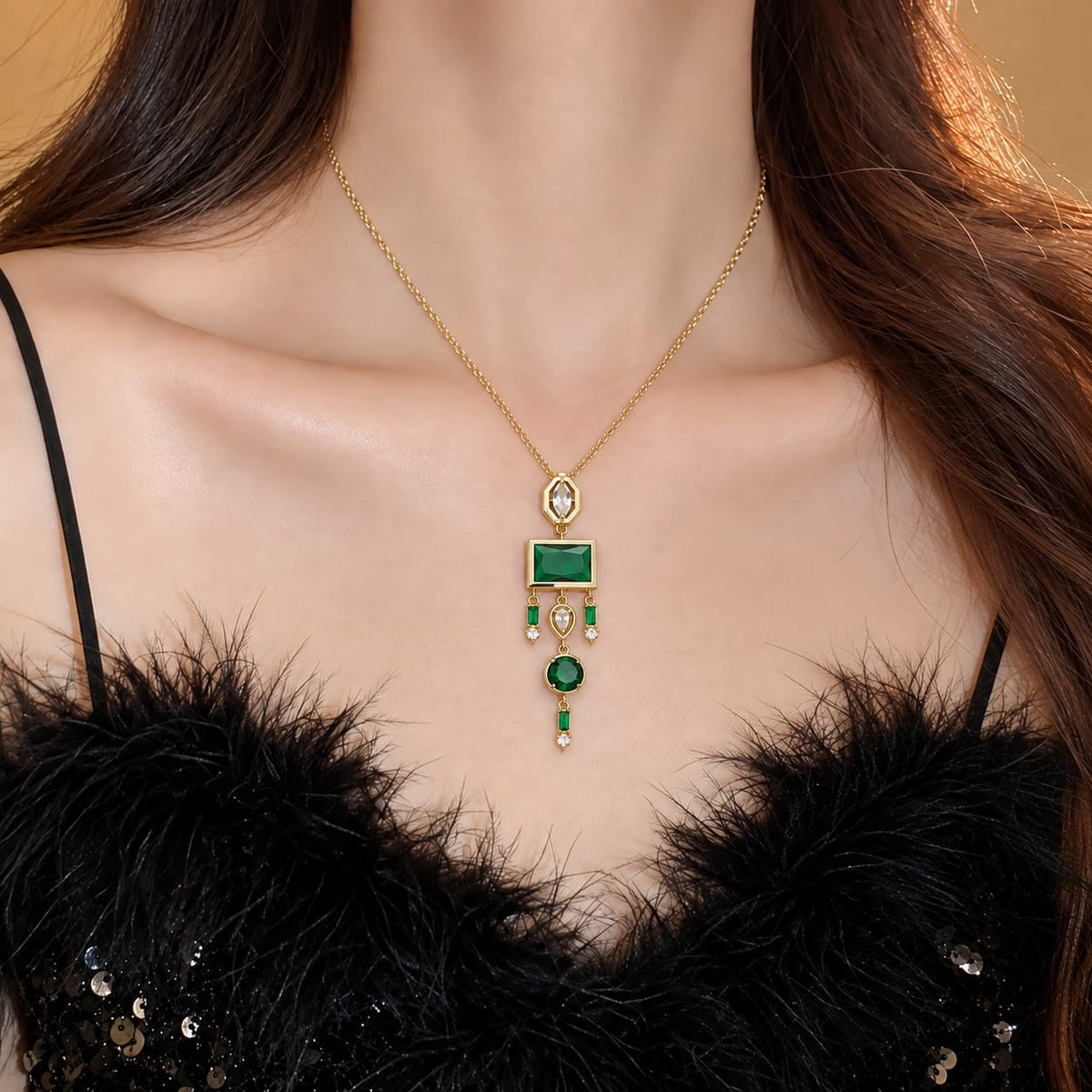 Emerald Green Stone Hanging Pendant Necklace