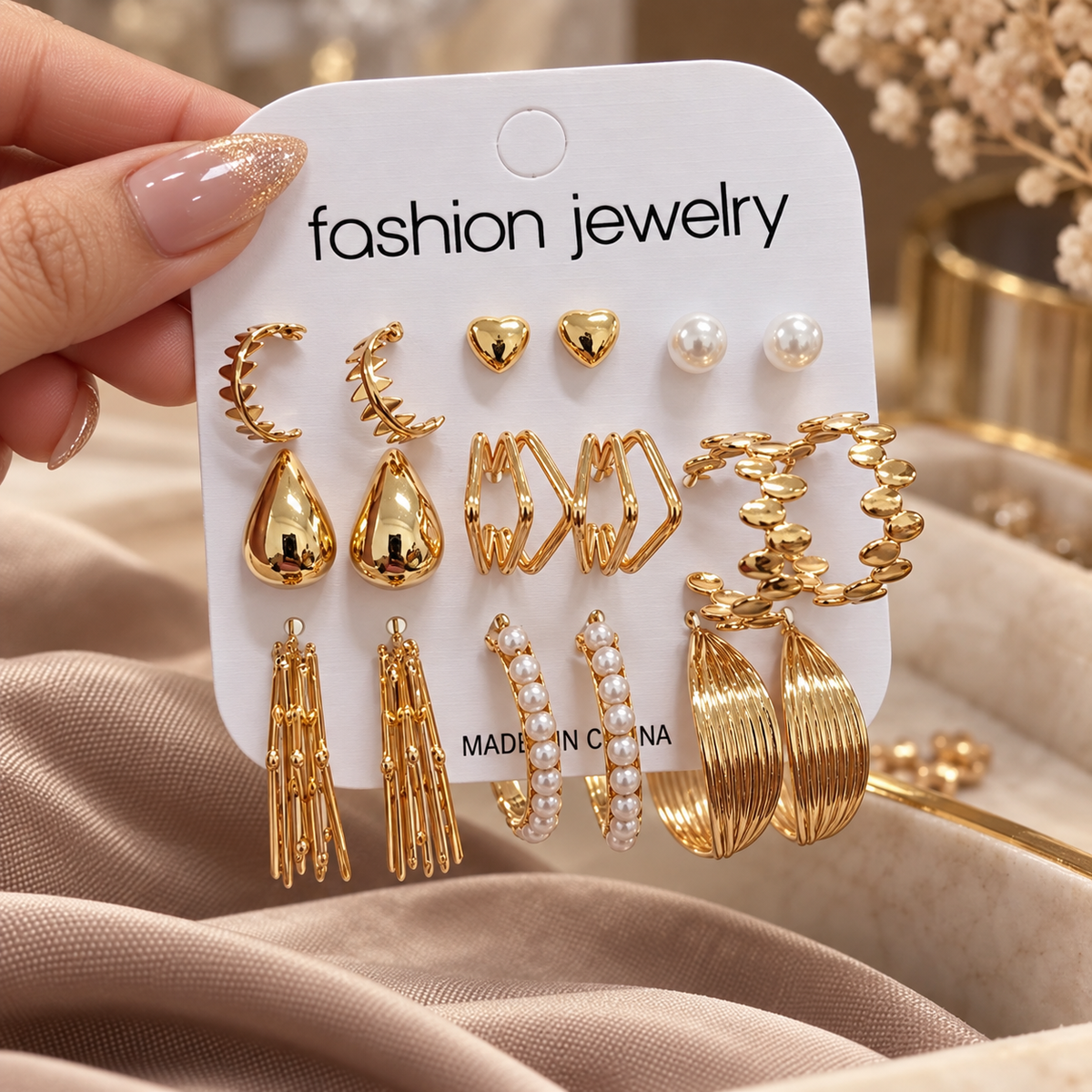 Set of 9 pairs,Kaju,heart pearls and hoops combo