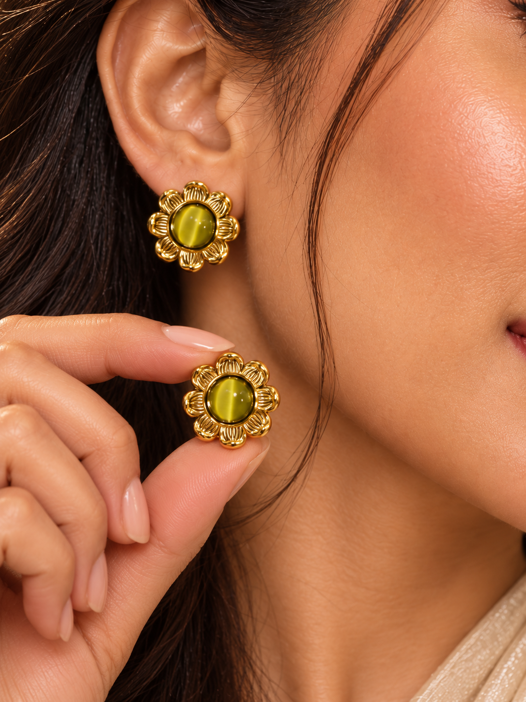 Olive Green Cat-Eye Floral Gold-Tone Stud Earrings