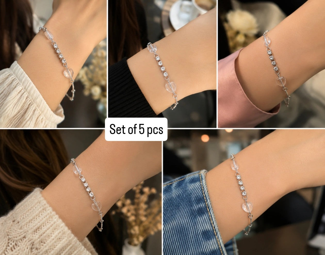 Set of 5 pcs silver adjustable friendship belt and bracelet