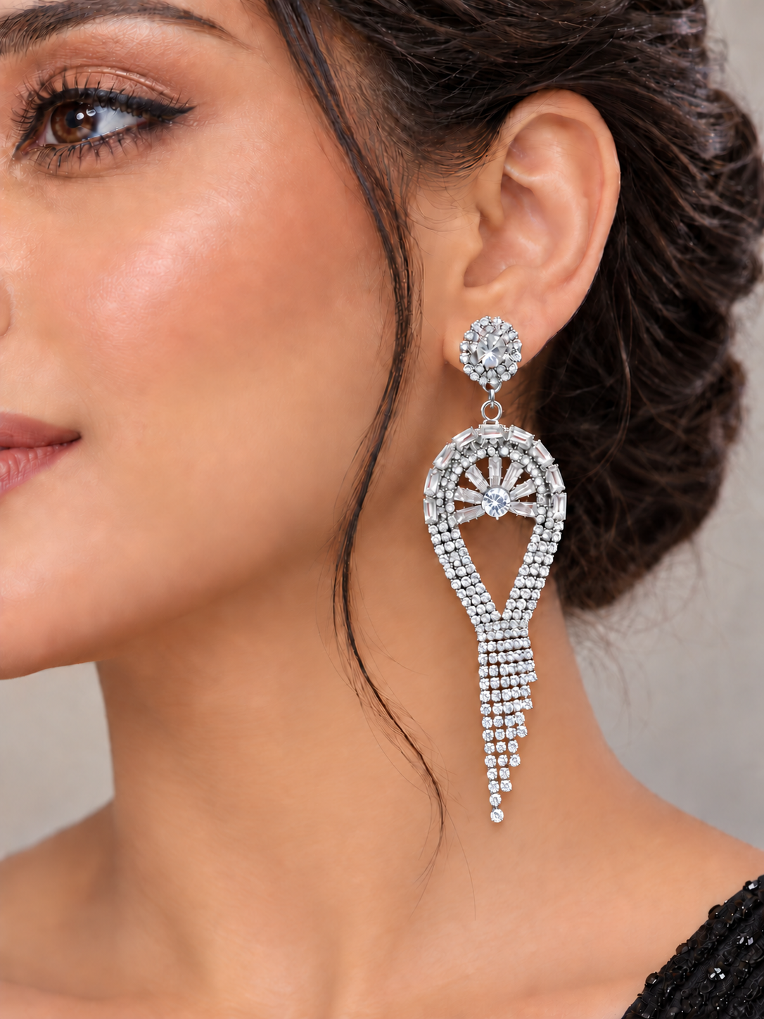 Silver Crystal Tassel Statement Earrings