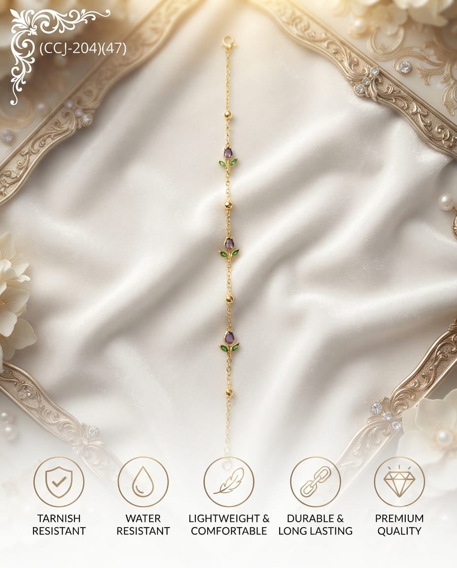 Gold-Tone Purple & Green Floral Chain Bracelet