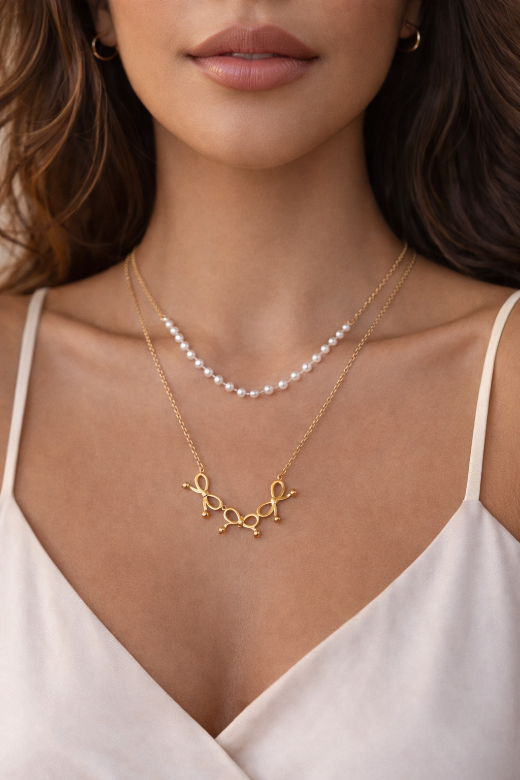 Pearl and Bow Double stainless steel Necklace