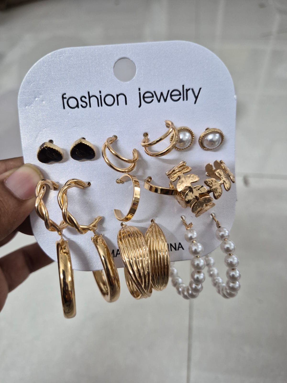 Set of 9 pair Golden Pearl Hoop And Stud Earrings Set