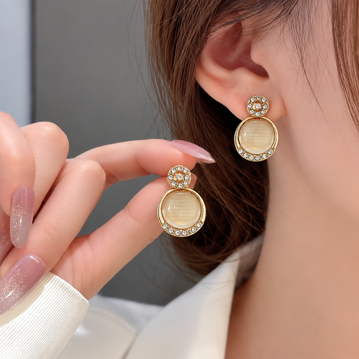 gold-plated round monalisa stone stud and drop earring