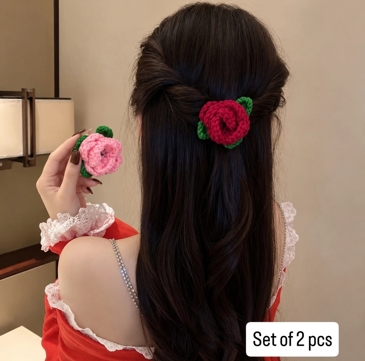 Handmade Crochet Rose Hair Rubber Band – Set of 2 (Red & Pink)