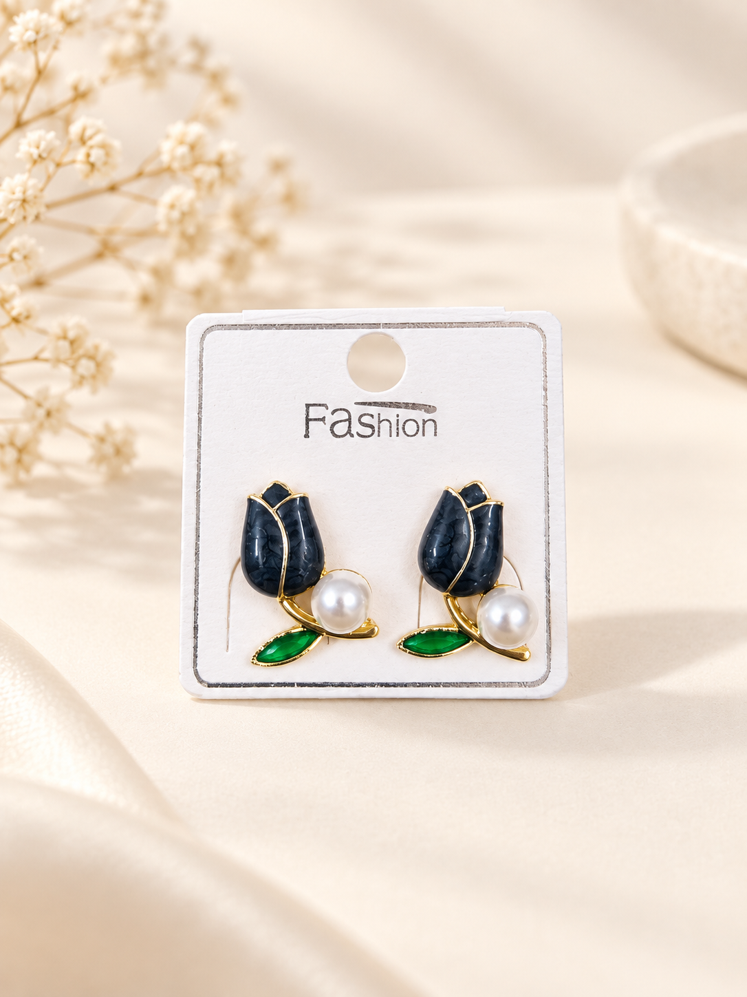Black Teardrop, Green Stone & Pearl Gold-Tone Earrings