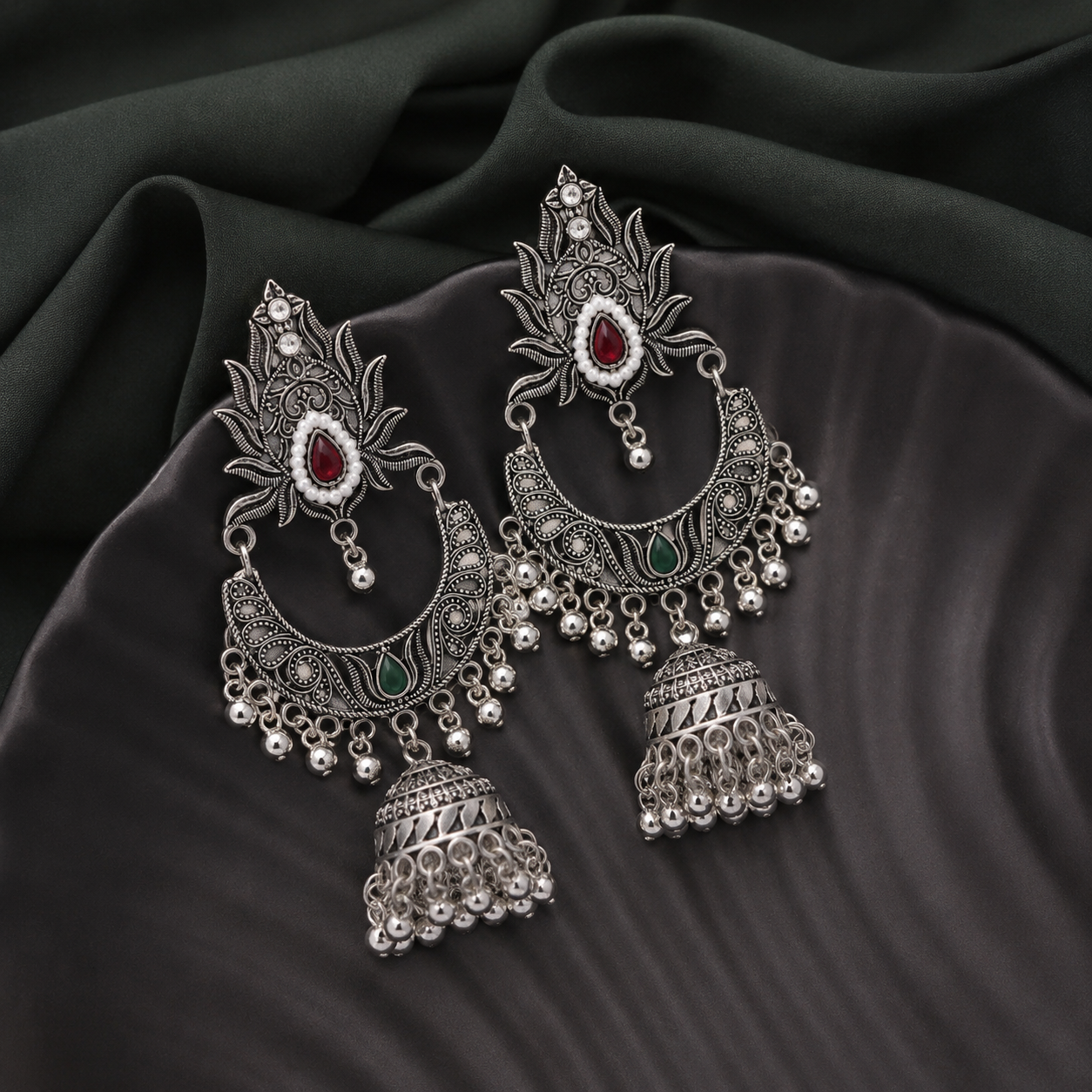 Traditional silver-oxidized brass teardrop jhumka earring