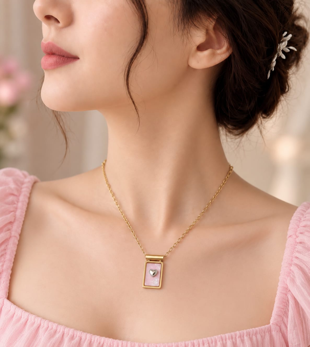 Pink Heart Locket Pendant Necklace