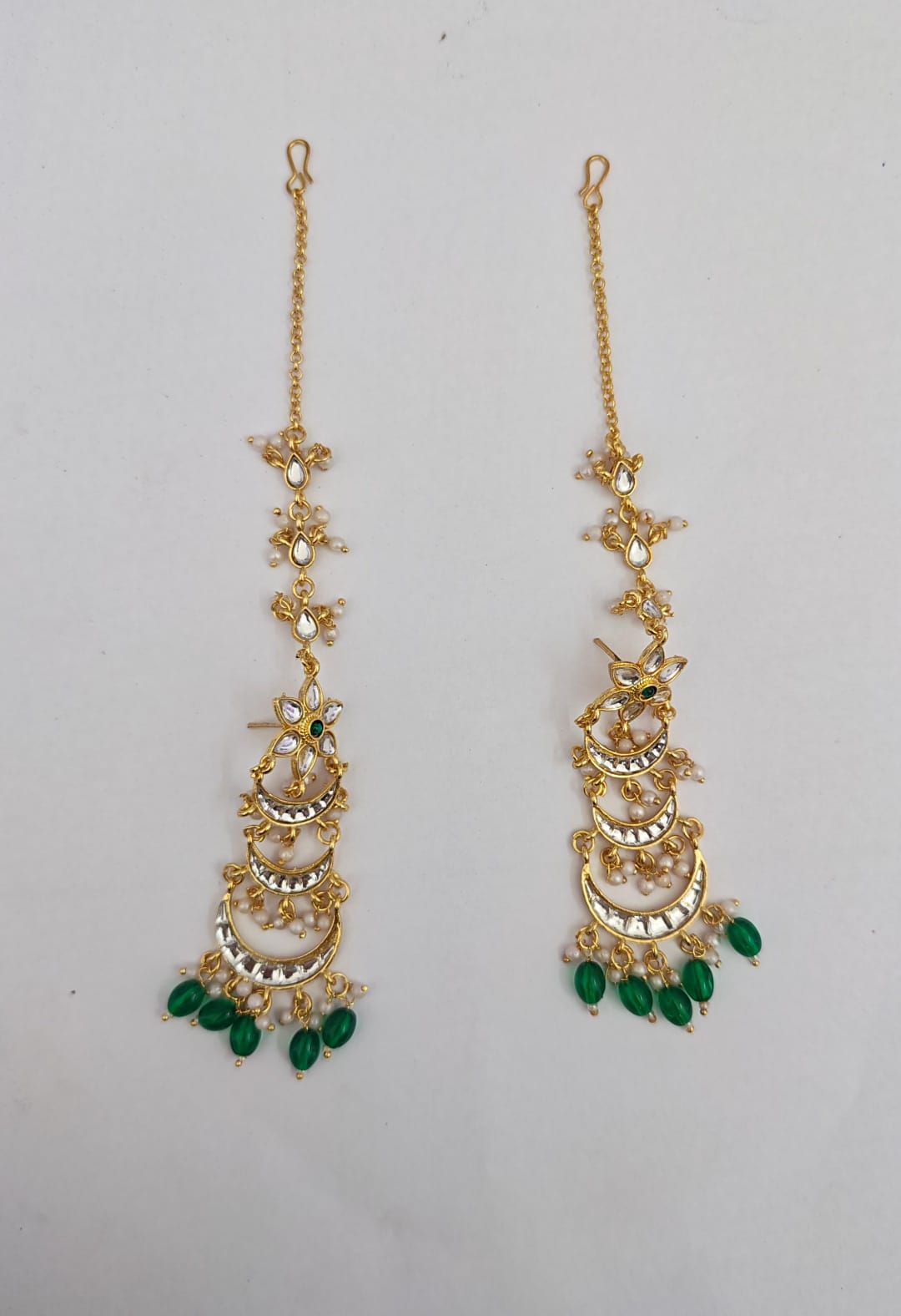 Kundan and pearl chandbali earring green bead drops with matching ear chain