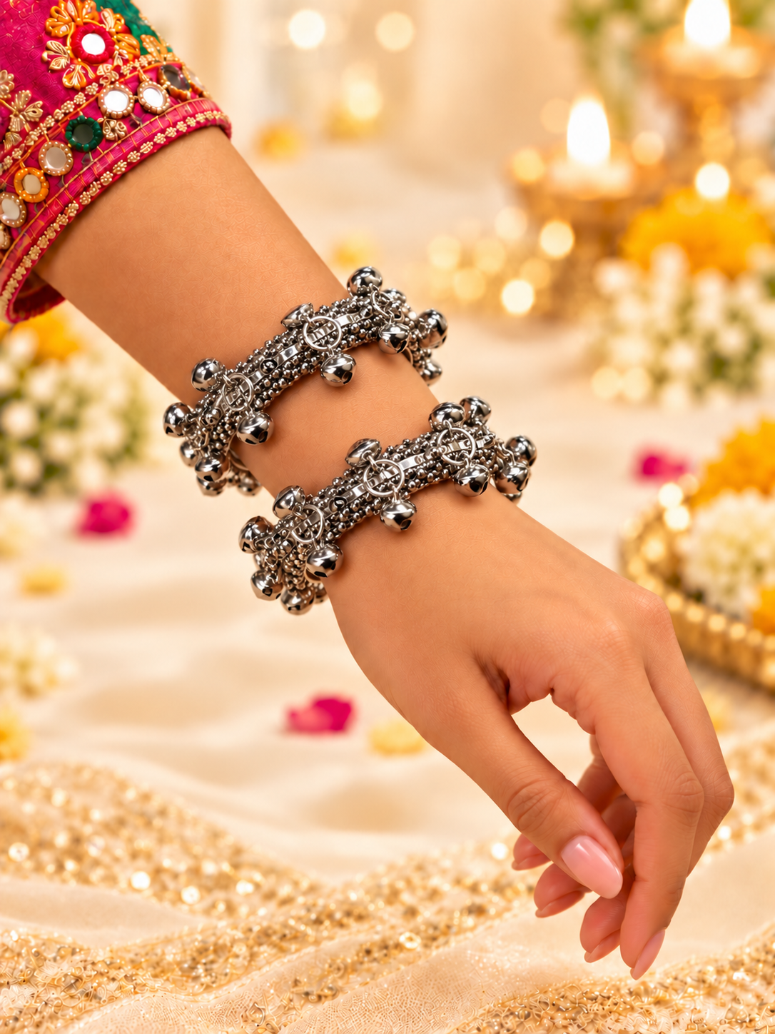 Set of 2 pcs oxidized silver-plated ghungroo bangle set