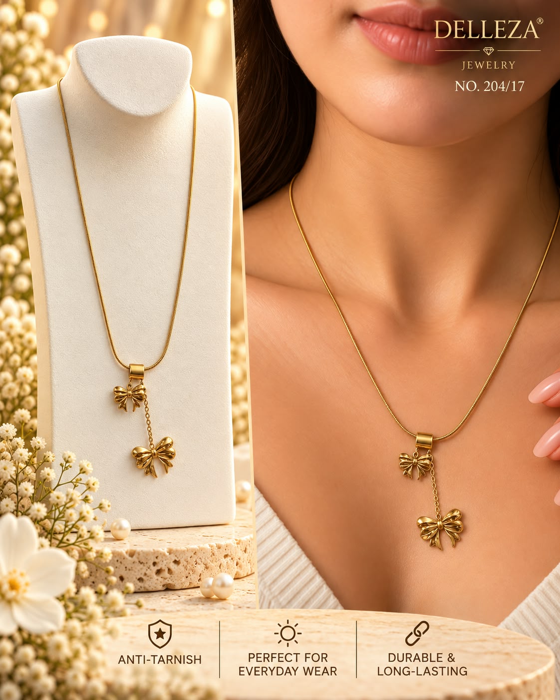 Gold-Tone Double Bow Drop Pendant Necklace for Women