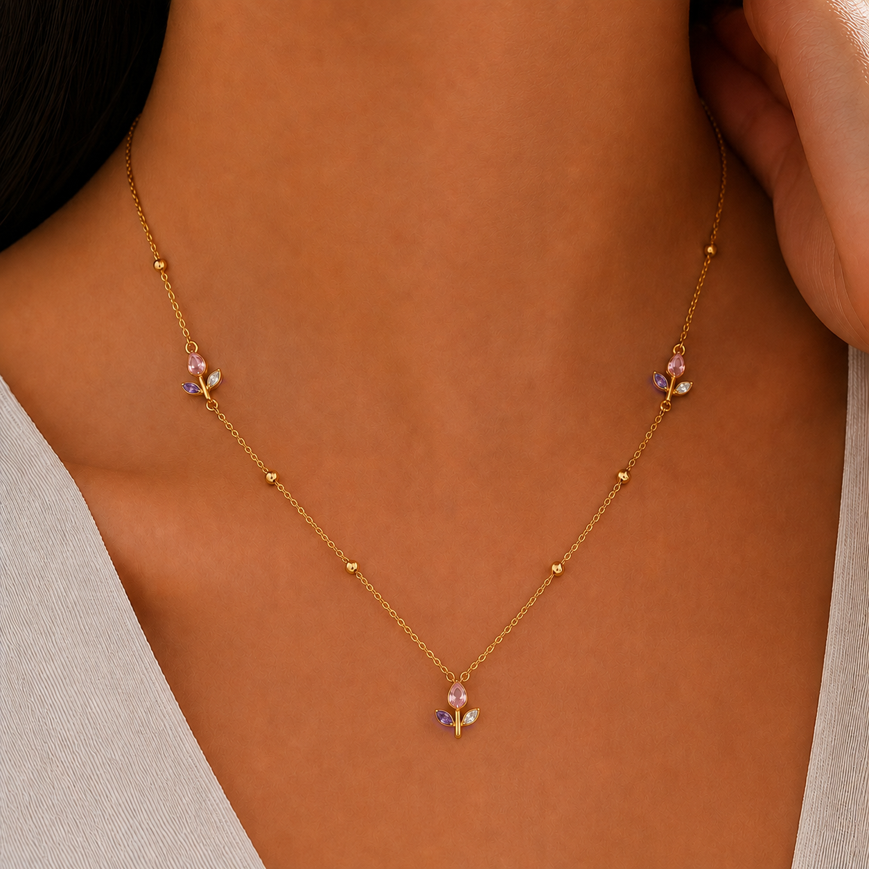 Kiyu ziyu anti tarnished pink & purple tulip necklace