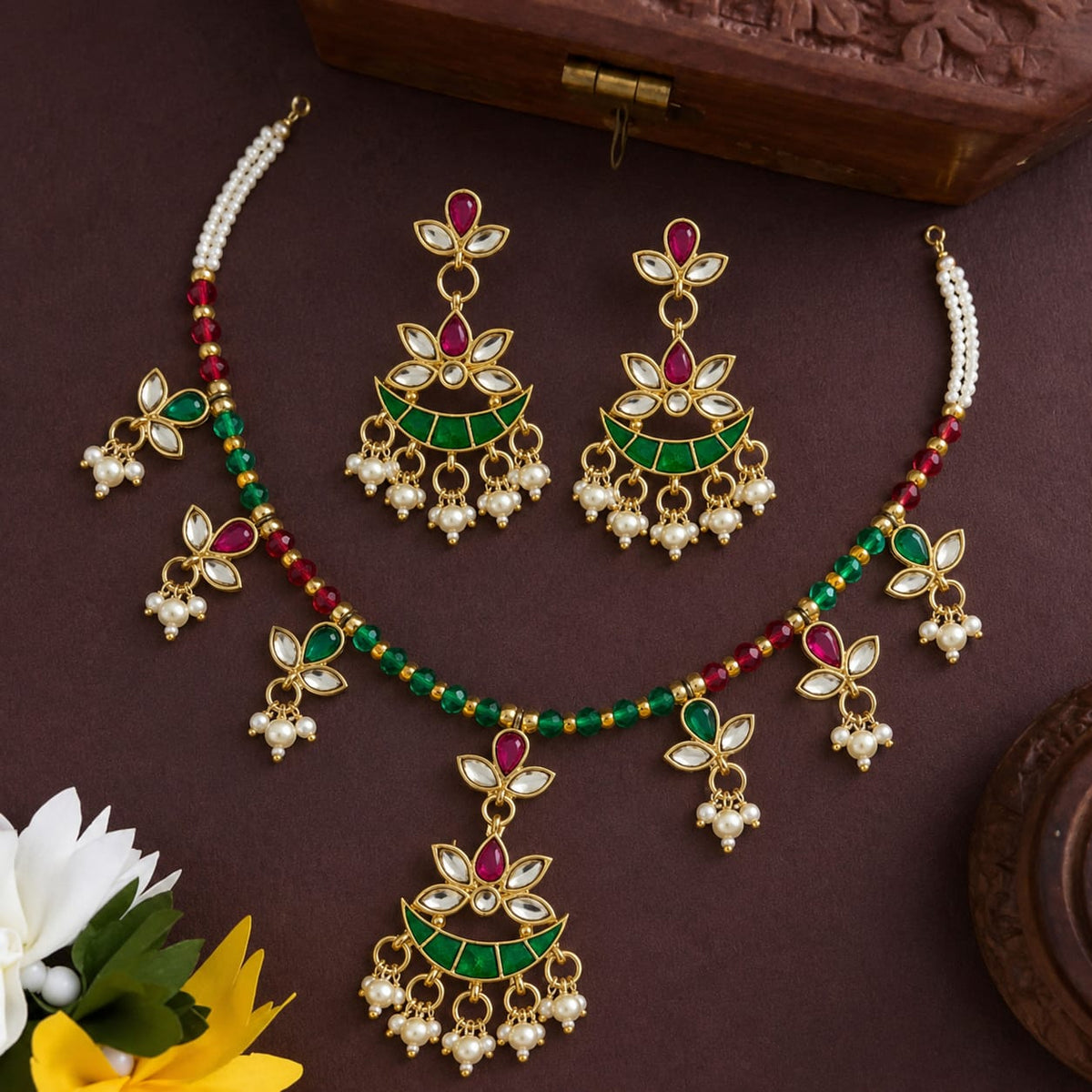 Traditional Kundan Multicolor Beaded Necklace Set with Earrings