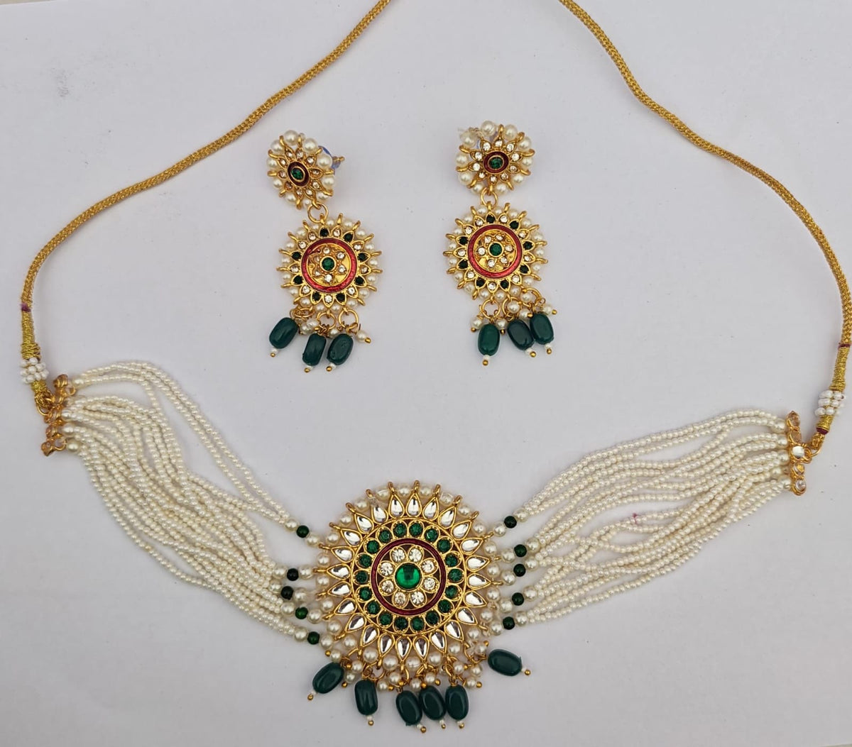 Traditional Multi-Layer green Pearl Kundan Choker Necklace Set with Earrings