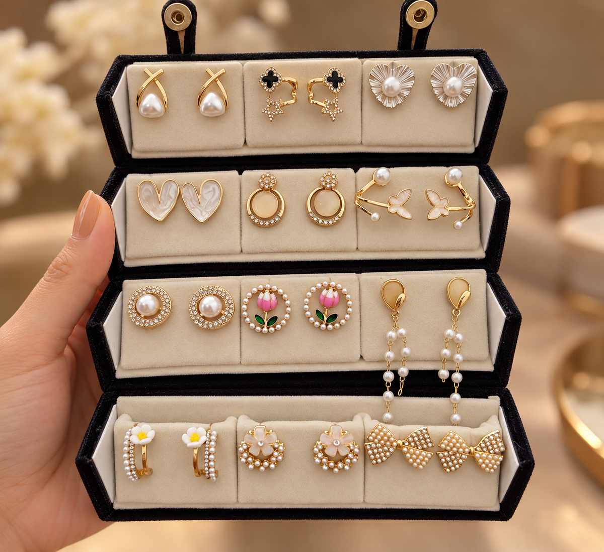 Set of 12 pair Korean Stud & Earrings + earring Organiser box Combo Set
