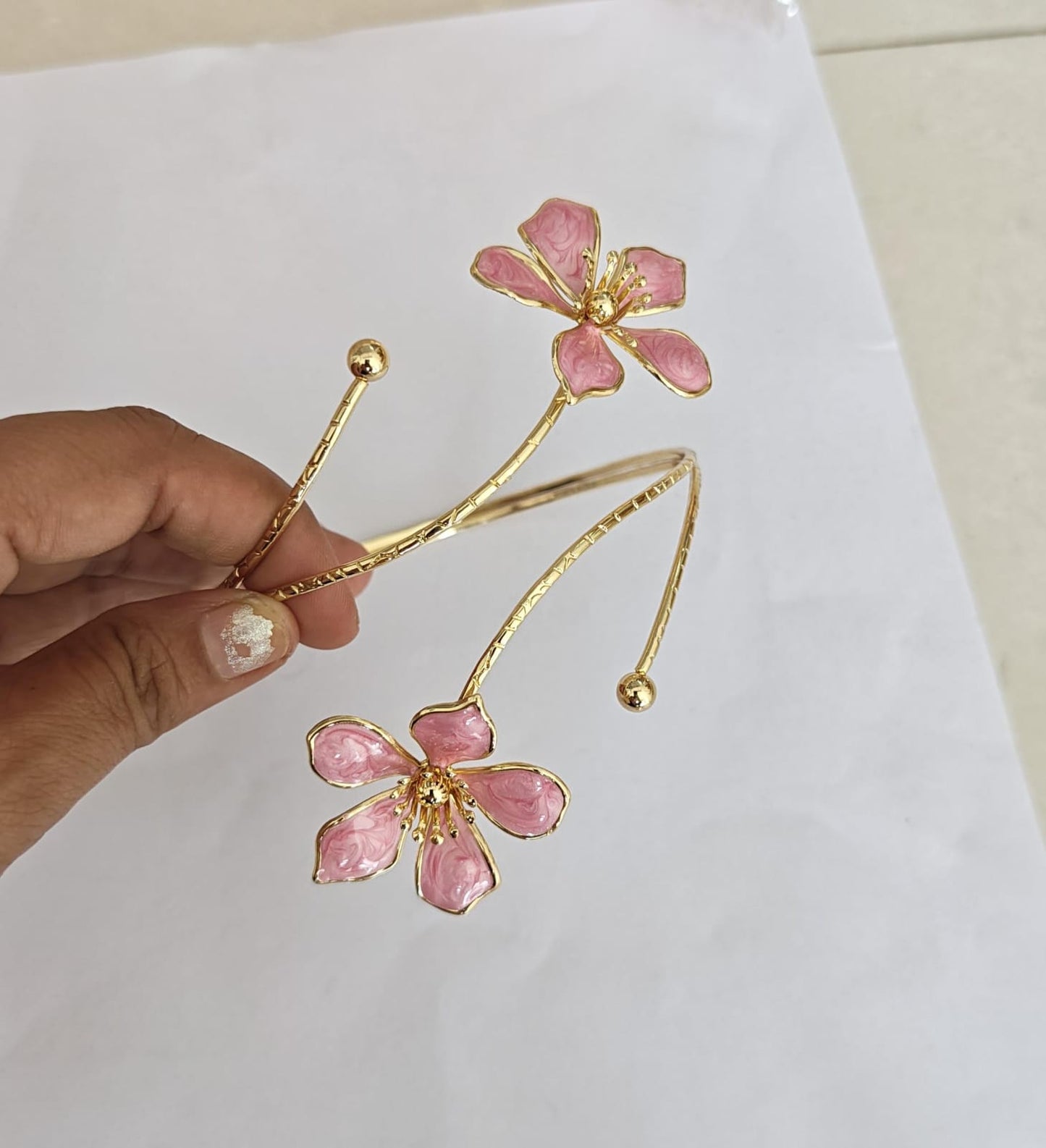 pink enamel flower gold plated arm cuff