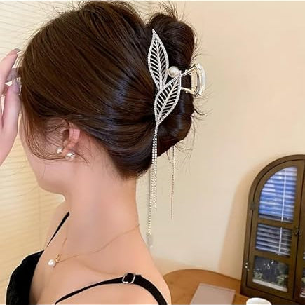 Pearl Leaf Rhinestone Metal Hair Claw Clutcher