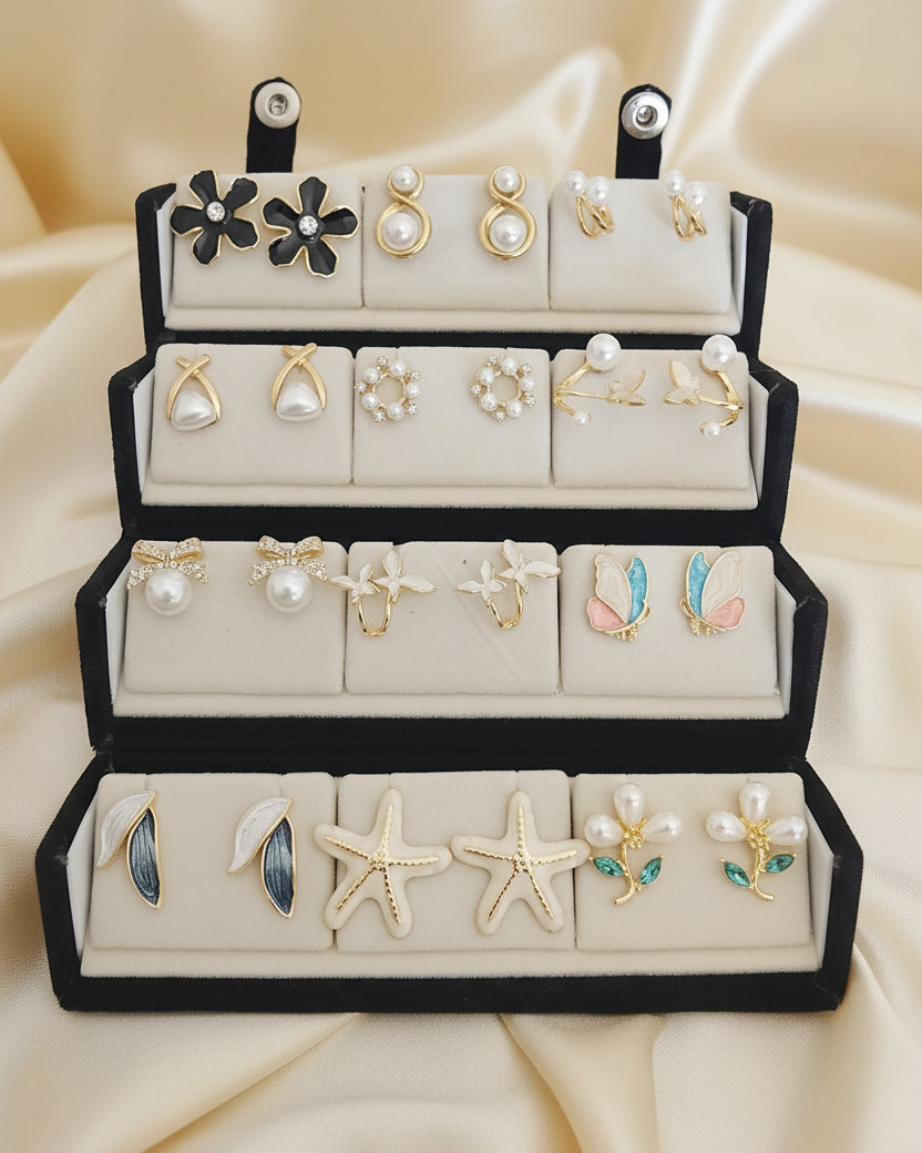 Premium Korean Earrings Box Set + 12 Pairs Fancy Stud Combo set