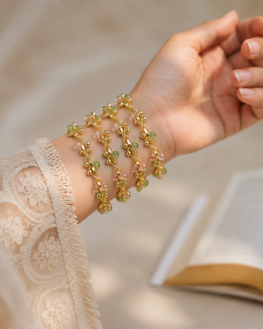 4 pcs Kashmiri ghungroo bangles adorned with pink and green crystal bead