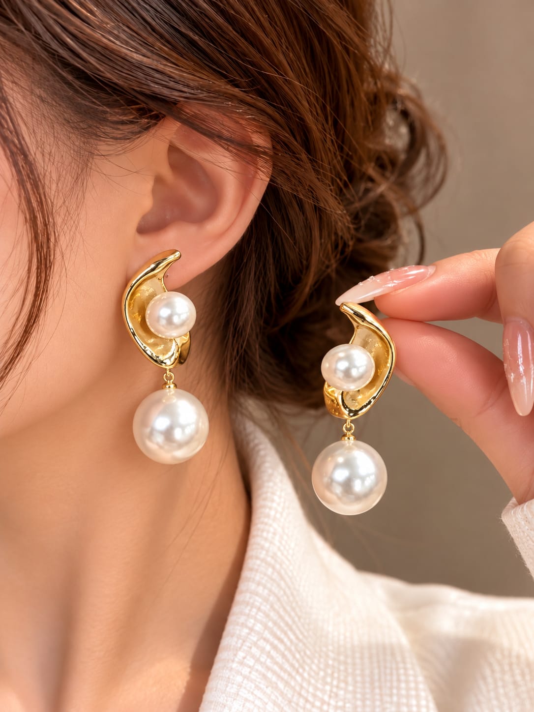 Gold-Tone Sculpted Double Pearl Drop Earrings