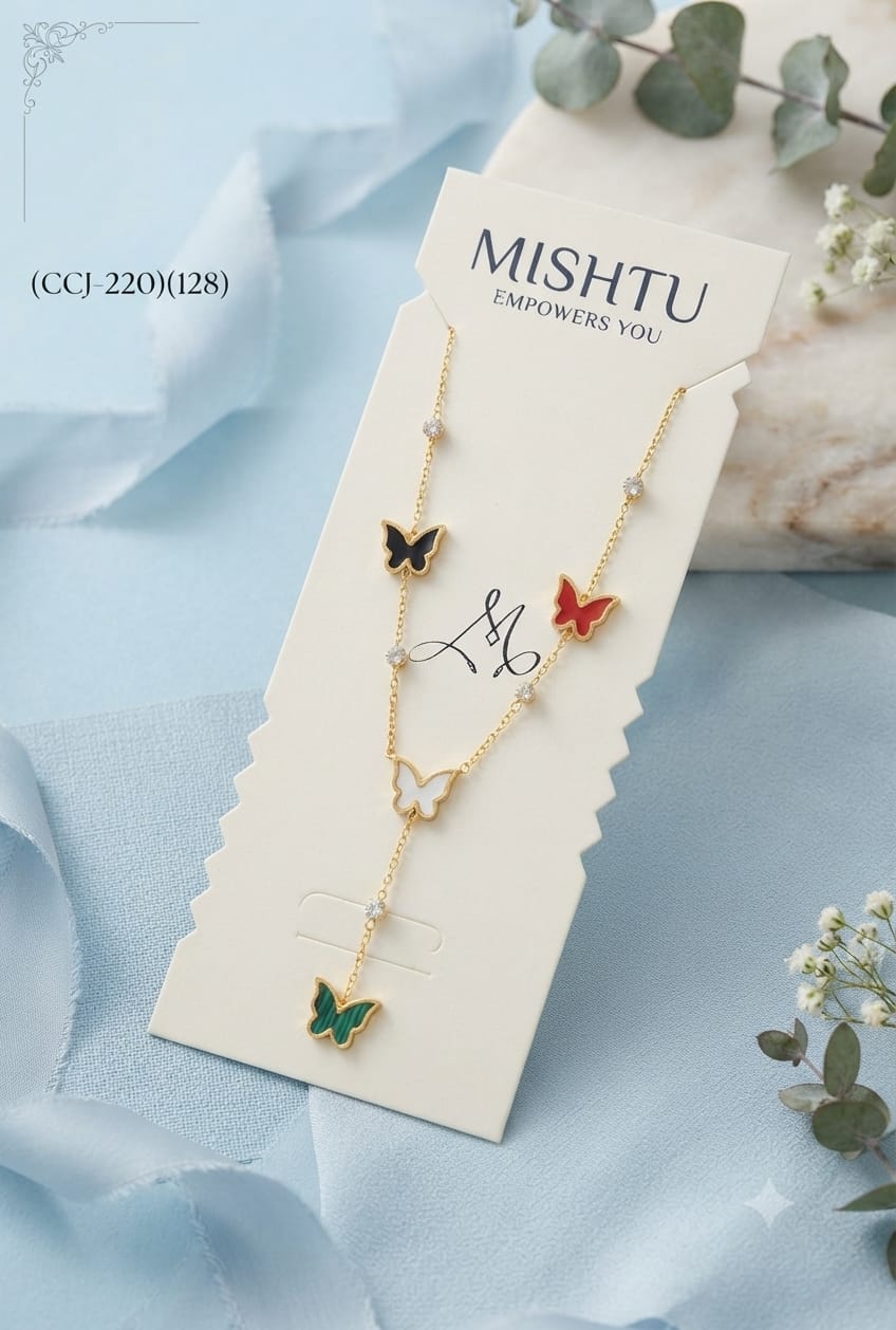 Gold-Tone Enamel Butterfly Charm Necklace with Crystal Accents