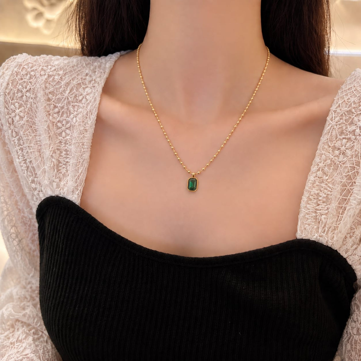 Premium Emerald Green Pendant Beaded Chain Necklace