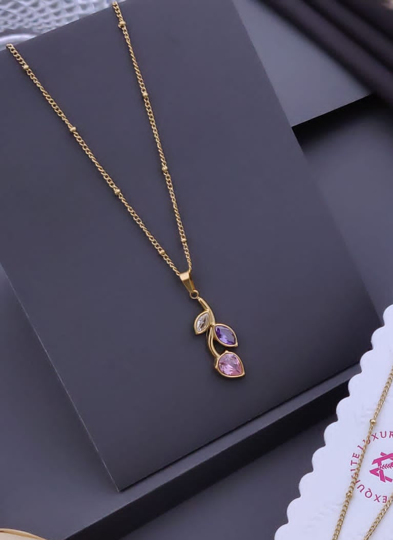Gold-Tone Pink and Purple Leaf Pendant Necklace