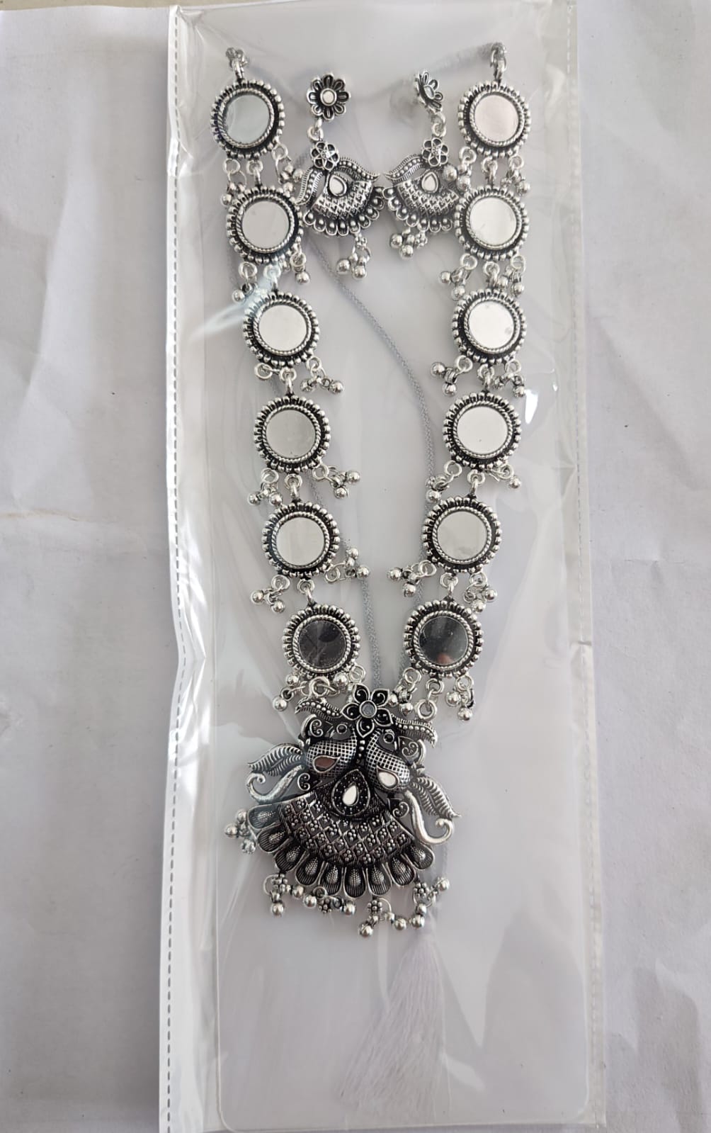 oxidized silver long mirror necklace and matching earrings set